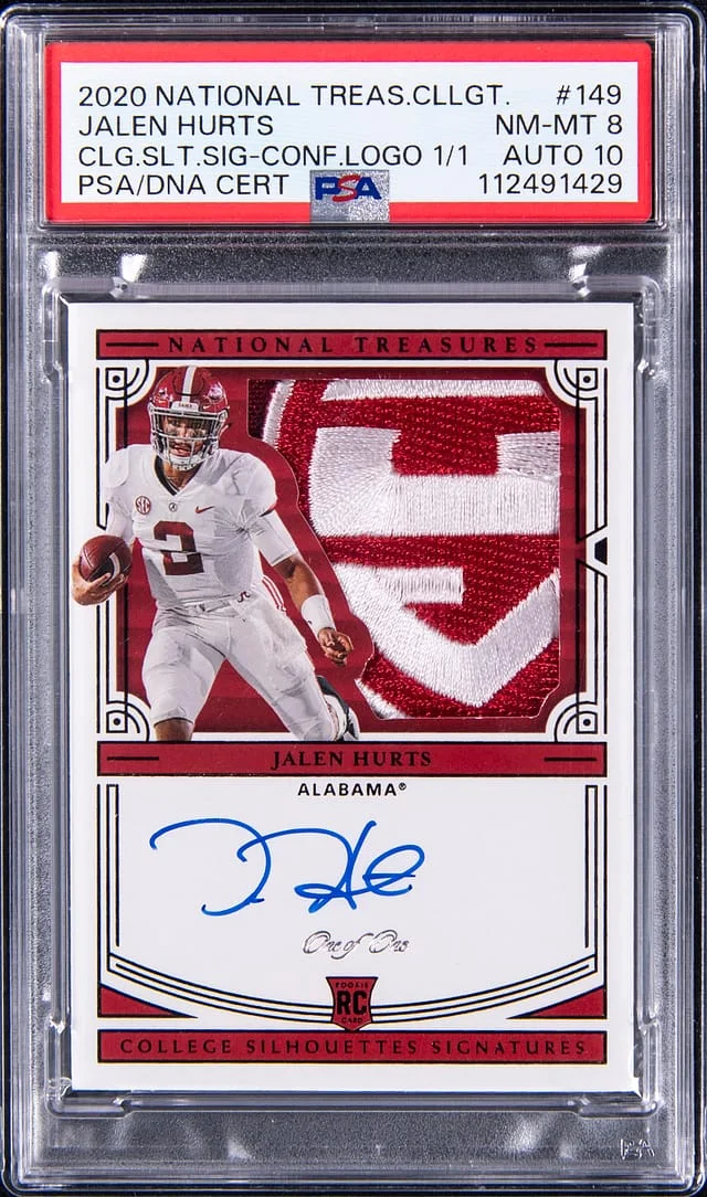 2020 Panini National Treasures Jalen Hurts Collegiate Silhouettes Signatures Conference Logo #149 card image