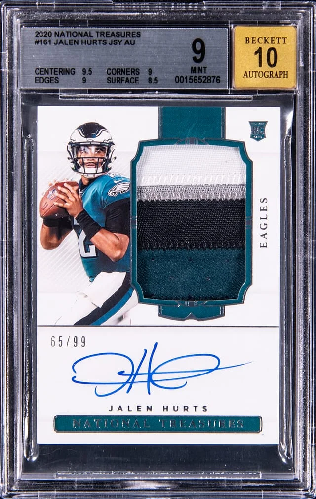 2020 Panini National Treasures Jalen Hurts Patch Autograph (RPA) #161 card image