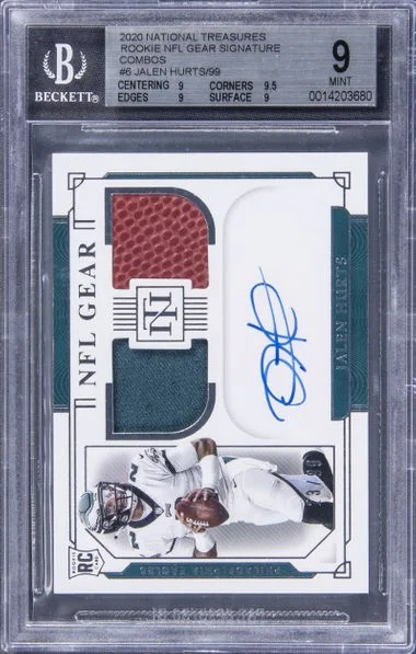 2020 Panini National Treasures Jalen Hurts Crossover Patch Autograph (RPA) #6 card image