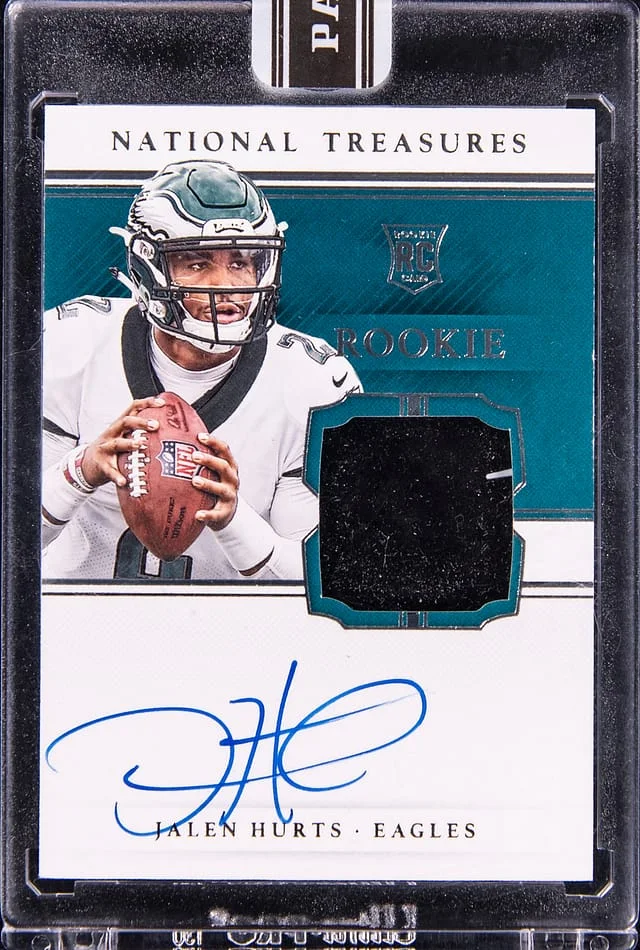 2020 Panini National Treasures Jalen Hurts Gloves Signatures '24 Black Box #RGS-JAH card image