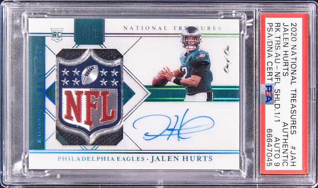 2020 Panini National Treasures Jalen Hurts Treasures Autographs NFL Shield #RT-JAH card image