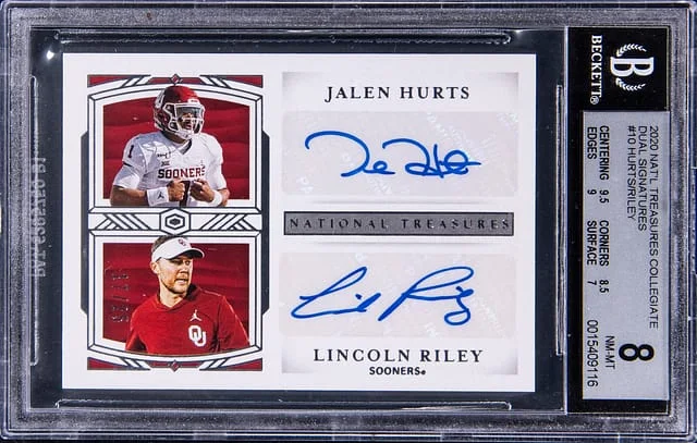 2020 Panini National Treasures Jalen Hurts/Lincoln Riley Collegiate Dual Signatures #10 card image