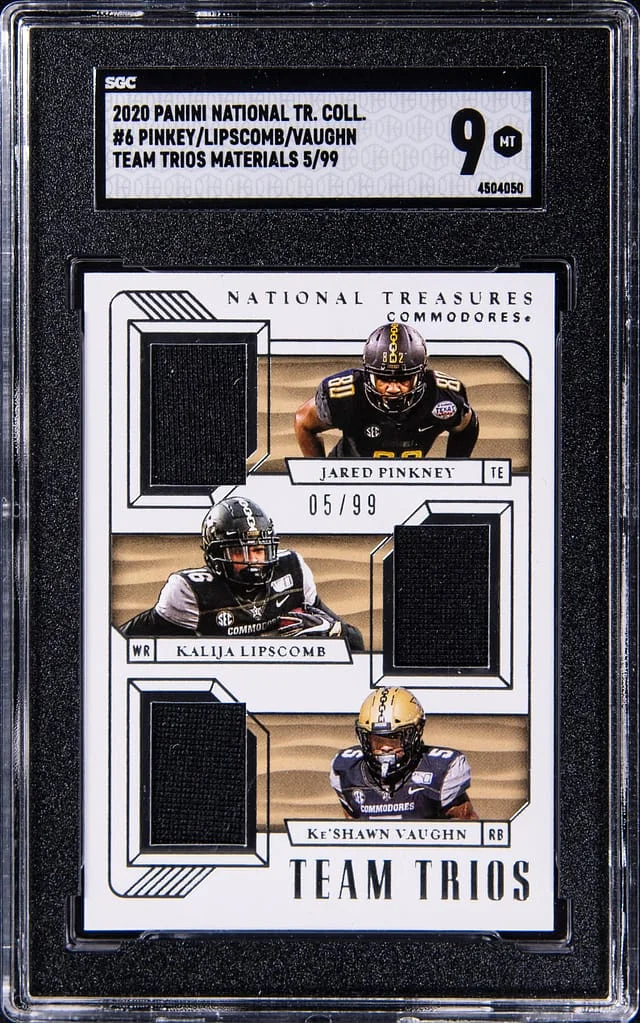 2020 Panini National Treasures Jared Pinkney/Kalija Lipscomb/Ke'Shawn Vaughn Collegiate Team Trios Materials #6 card image