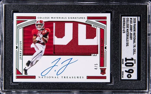 2020 Panini National Treasures Jerry Jeudy Collegiate College Material Signatures Emerald #103 card image