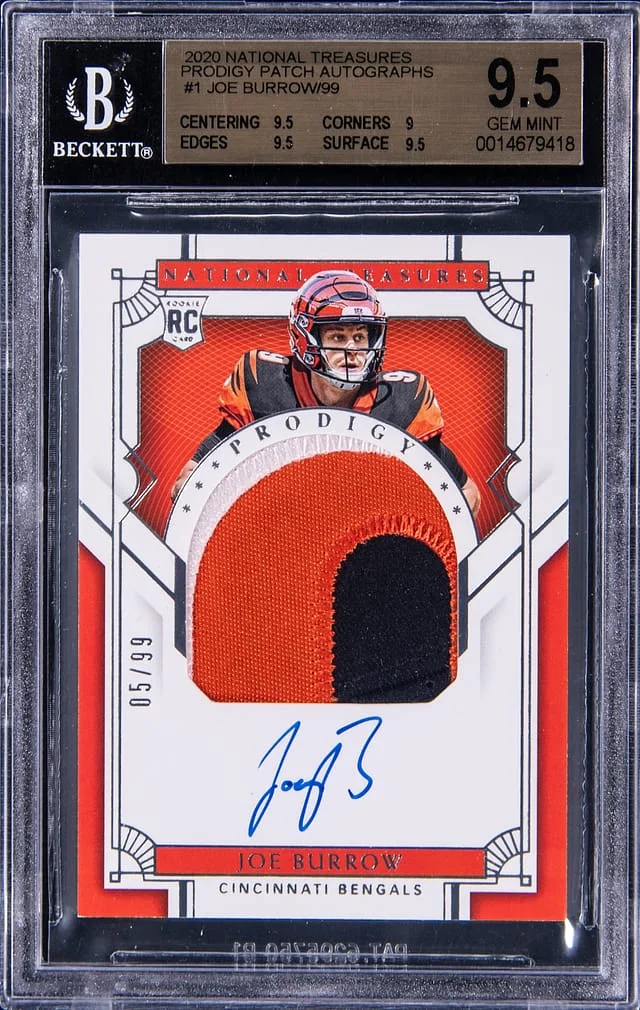 2020 Panini National Treasures Joe Burrow Material Signature RPS Holo Silver #1 card image