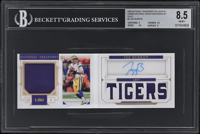 2020 Panini National Treasures Joe Burrow Collegiate Combo Material Signatures Booklet Prime #2 card image
