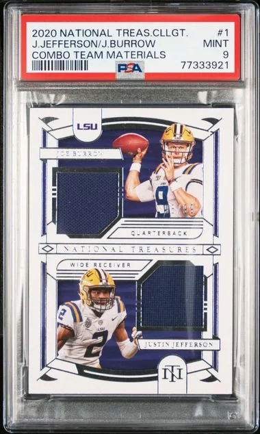 2020 Panini National Treasures Joe Burrow /Justin Jefferson Collegiate Combo Team Materials #1 card image