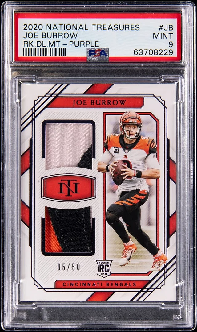 2020 Panini National Treasures Joe Burrow Dual Materials Purple #RDM-JB card image