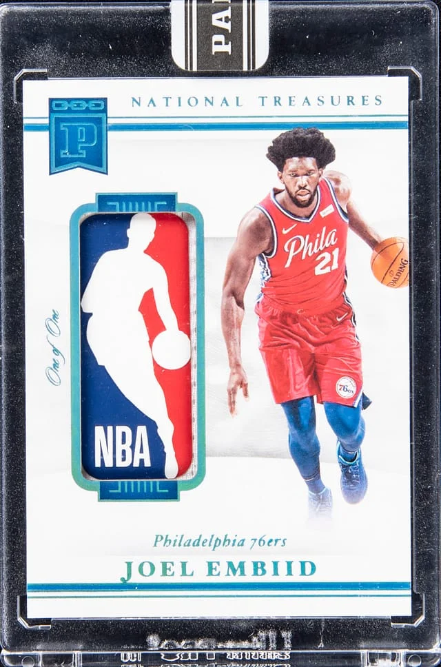 2020 Panini National Treasures Joel Embiid Game-Worn/Used Blockchain Logoman #LG-JE card image