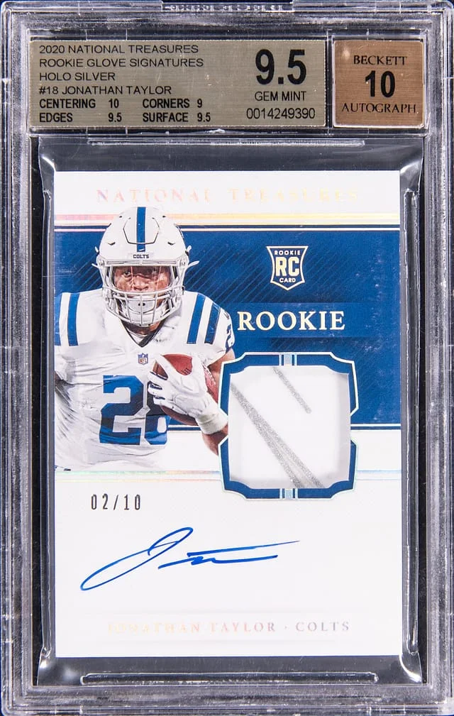 2020 Panini National Treasures Jonathan Taylor Glove Signatures Holo Silver #RGSJT card image