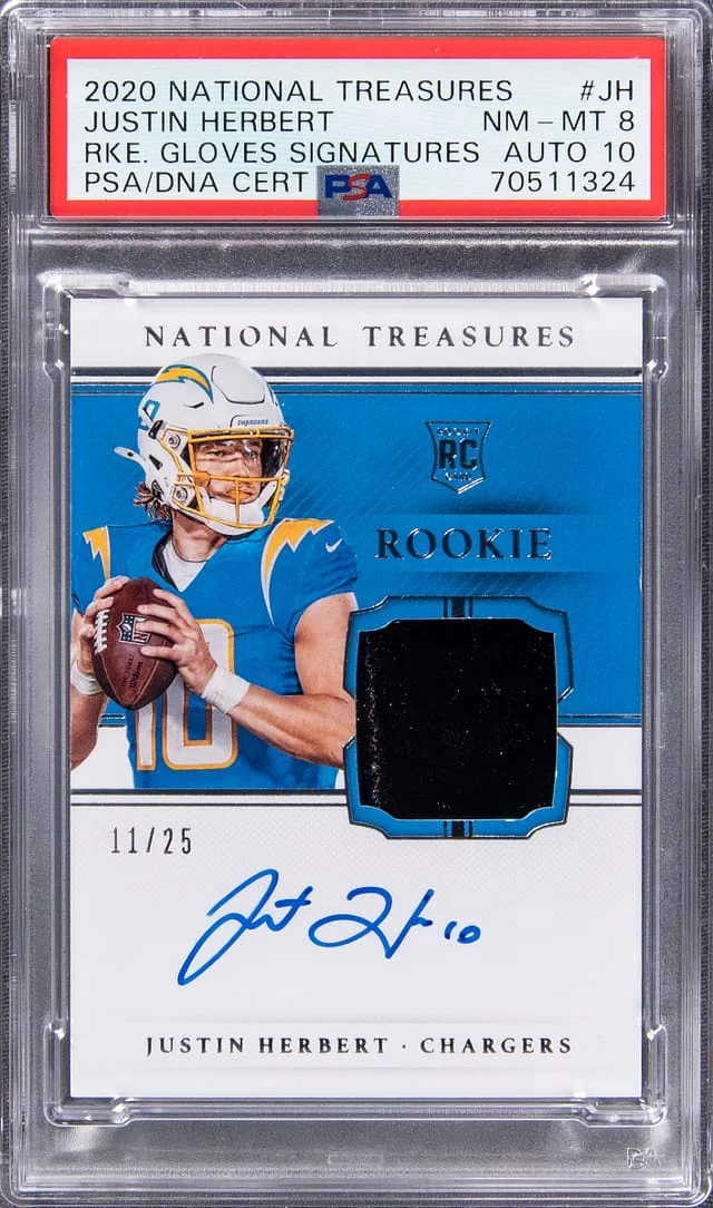 2020 Panini National Treasures Justin Herbert Gloves Signatures #RGS-JH card image