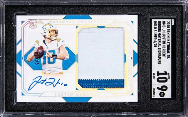 2020 Panini National Treasures Justin Herbert Material Signature Holo Silver #RMS-JH card image