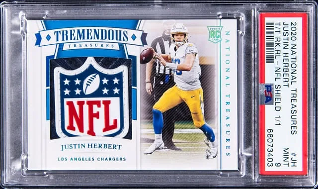 2020 Panini National Treasures Justin Herbert Tremendous Treasures Rookies Relics NFL Shield #TTR-JH card image