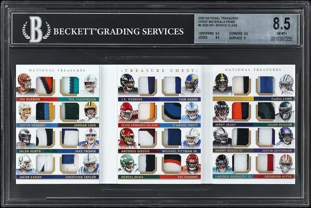 2020 Panini National Treasures Justin Herbert/Joe Burrow/Jalen Hurts Patch Booklet Chest Materials Prime #2 card image