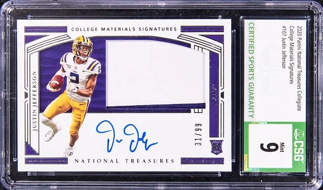 2020 Panini National Treasures Justin Jefferson Collegiate College Materials Signatures #107 card image