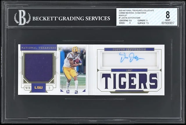 2020 Panini National Treasures Justin Jefferson Collegiate Combo Material Signatures Booklet #7 card image