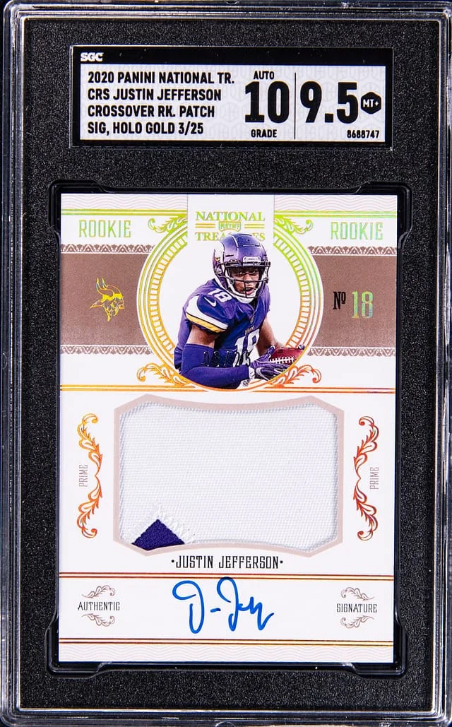 2020 Panini National Treasures Justin Jefferson Crossover Patch Signatures, Holo Gold #CRS card image