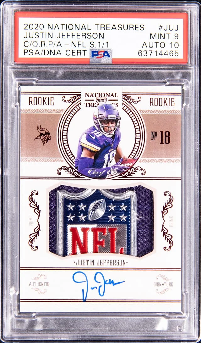 2020 Panini National Treasures Justin Jefferson Crossover Patch Autographs (RPA)NFL Shield #JUJ card image