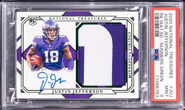 2020 Panini National Treasures Justin Jefferson Material Signature Numbers Green #RMS-JUJ card image