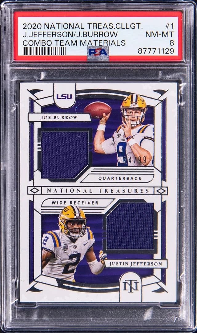 2020 Panini National Treasures Justin Jefferson/Joe Burrow Collegiate Combo Team Materials #1 card image