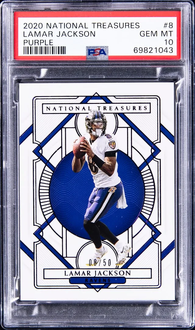 2020 Panini National Treasures Lamar Jackson Purple #8 card image