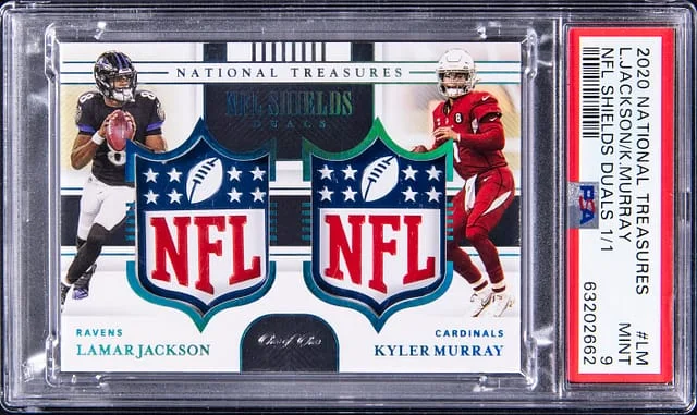 2020 Panini National Treasures Lamar Jackson/Kyler Murray NFL Shield Duals #NSD-LM card image