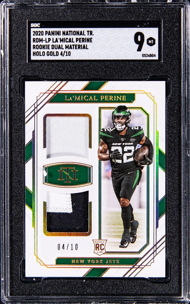 2020 Panini National Treasures La'Mical Perine Dual Material Holo Gold #RDM-LP card image