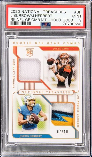 2020 Panini National Treasures NFL Gear Combo Materials Holo Gold Bh Joe Burrow /Justin Herbert #no-number card image