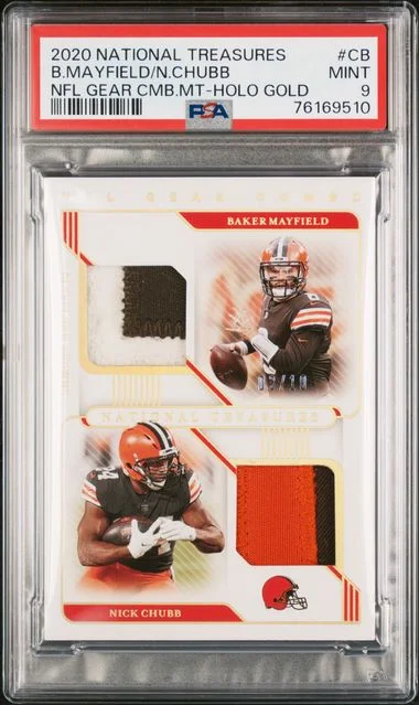 2020 Panini National Treasures NFL Gear Combo Materials Holo Gold Cb Baker Mayfield/Nick Chubb #no-number card image