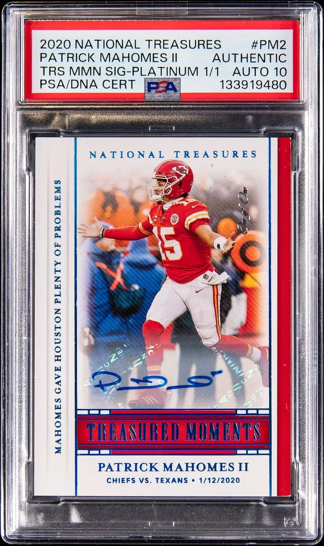 2020 Panini National Treasures Patrick Mahomes II Treasured Moments Signatures Platinum #TM-PM2 card image