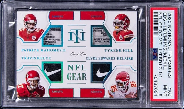 2020 Panini National Treasures Patrick Mahomes II/Travis Kelce/Clyde Edwards-Helaire/Tyreek Hill NFL Gear Quad Materials #QM-KC card image