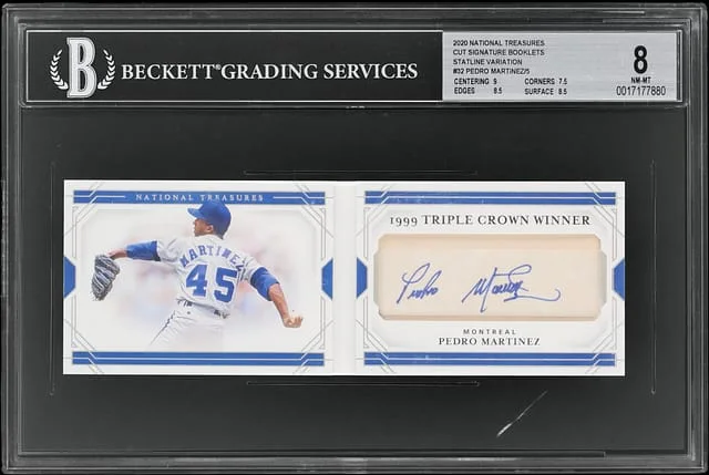 2020 Panini National Treasures Pedro Martinez Cut Signature Booklets Statline Variation #CBS-PB card image