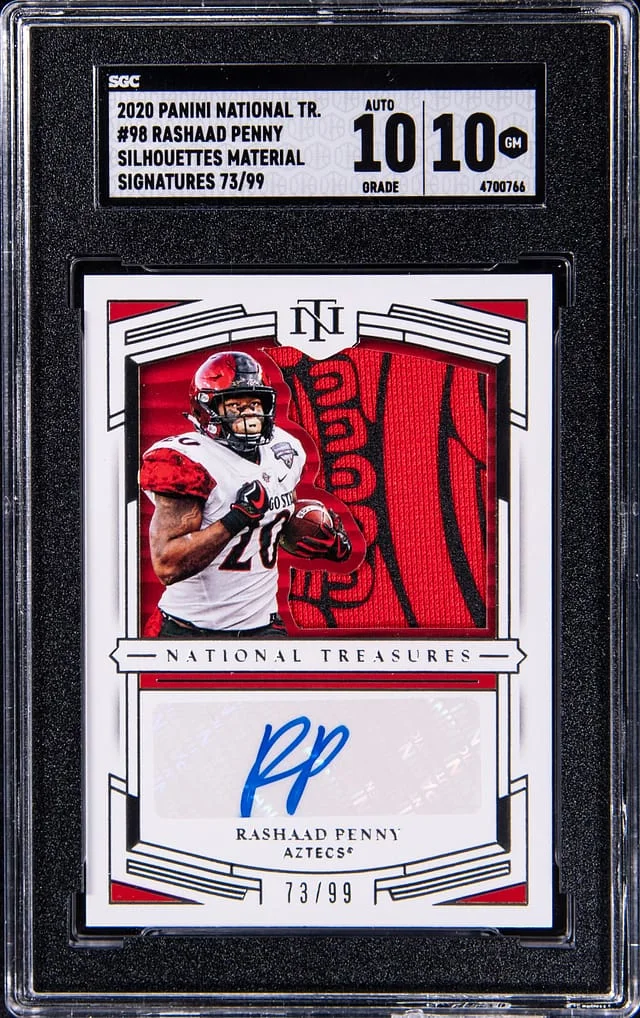 2020 Panini National Treasures Rashaad Penny Collegiate Silhouettes Material Signatures #98 card image