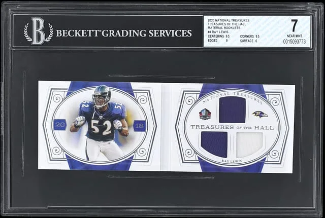 2020 Panini National Treasures Ray Lewis Treasures of the Hall Material Booklets #4 card image