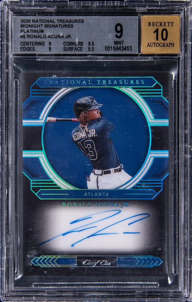 2020 Panini National Treasures Ronald Acuna Jr. Midnight Signatures Holo Silver #MS-RA card image