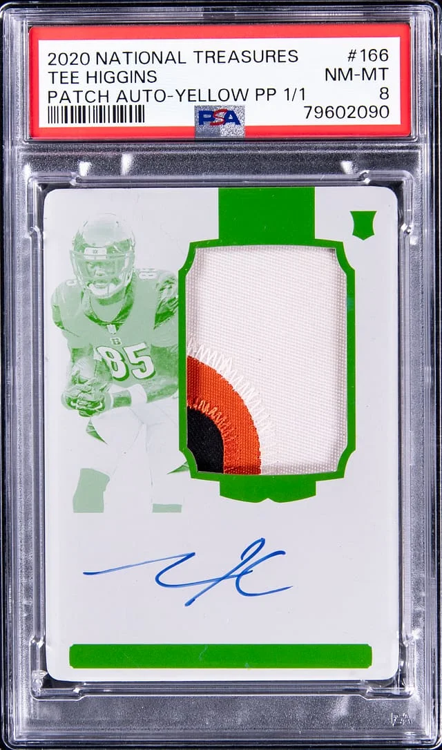 2020 Panini National Treasures Tee Higgins Patch Autograph Yellow Printing Plate #166 card image