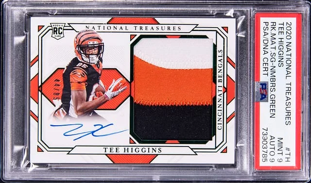 2020 Panini National Treasures Tee Higgins Material Signatures Numbers Green #TH card image