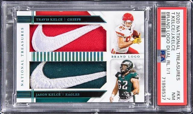 2020 Panini National Treasures Travis Kelce/Jason Kelce Brand Logo Dual Relic #BLD-KK card image