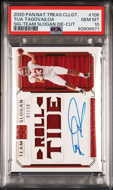 2020 Panini National Treasures Tua Tagovailoa Collegiate Signature-Team Slogan Die-Cut #106 card image
