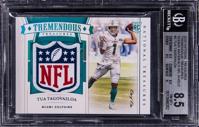 2020 Panini National Treasures Tua Tagovailoa Tremendous Treasures Material NFL Shield #TTR-TT card image