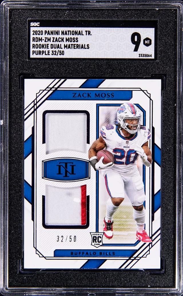 2020 Panini National Treasures Zack Moss Dual Materials Purple #RDM-ZM card image