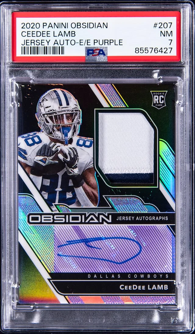 2020 Panini Obsidian CeeDee Lamb Jersey Autograph Electric Etch Purple #207 card image