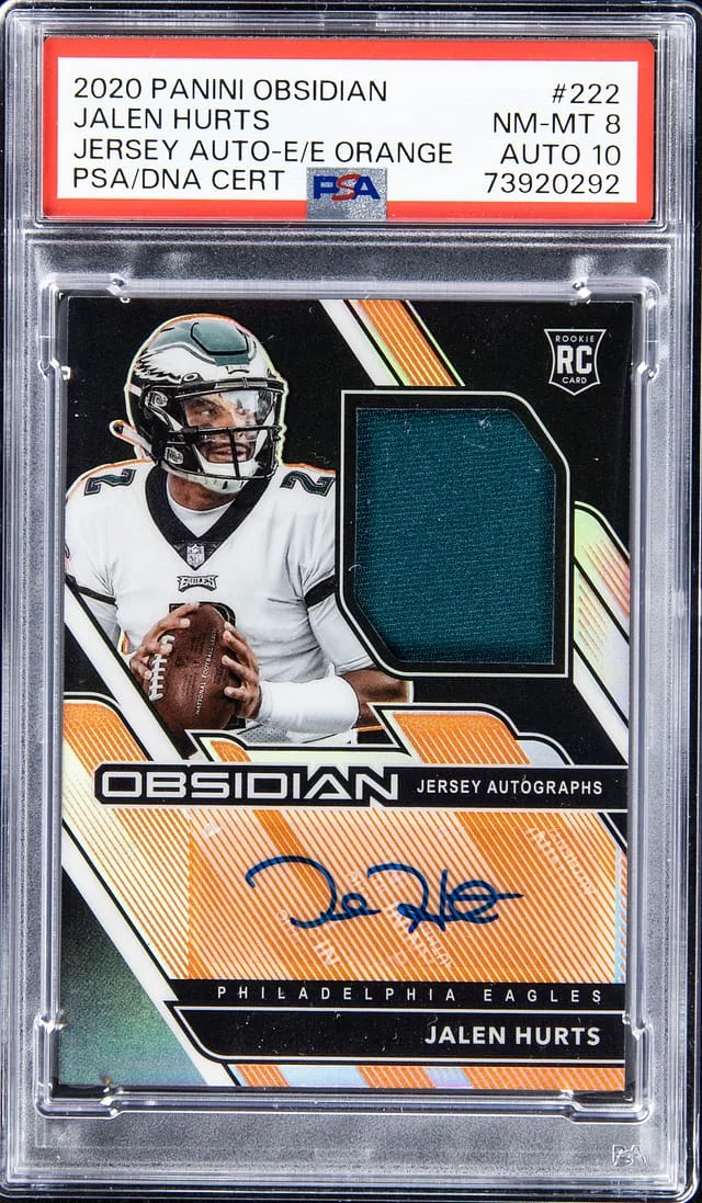 2020 Panini Obsidian Jalen Hurts Jersey Autograph Electric Etch Orange #222 card image