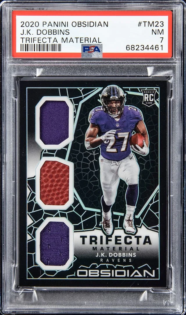 2020 Panini Obsidian J.K. Dobbins Trifecta Material #TM23 card image
