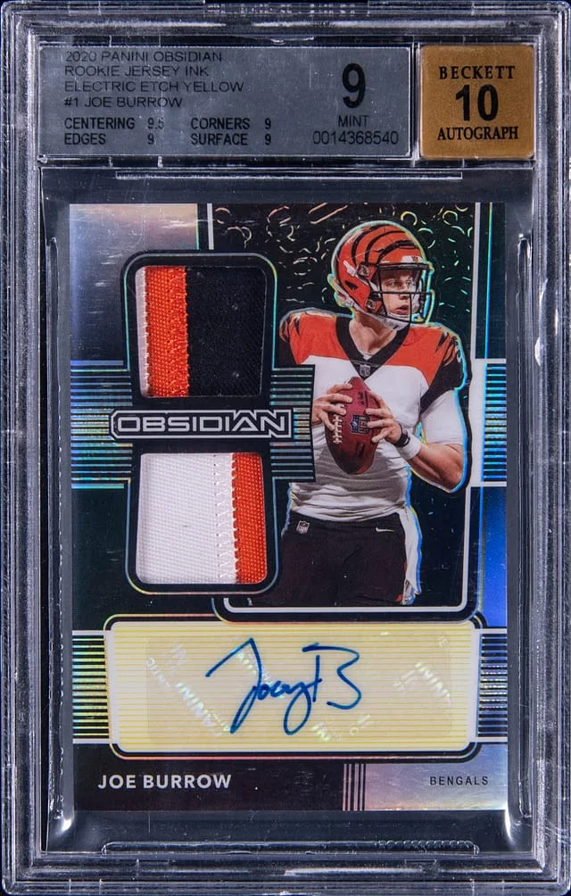 2020 Panini Obsidian Joe Burrow Jersey Ink Electric Etch Yellow #1 card image