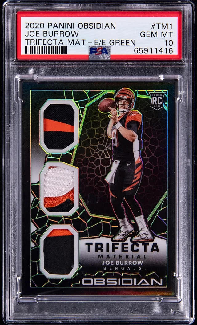 2020 Panini Obsidian Joe Burrow Trifecta Material Electric Etch-Green #TM1 card image