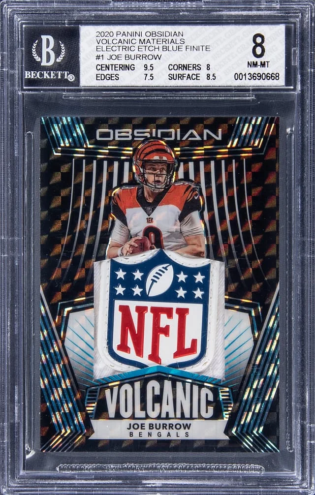 2020 Panini Obsidian Joe Burrow Volcanic Materials Electric Etch Blue Finite NFL Shield #VM-1 card image