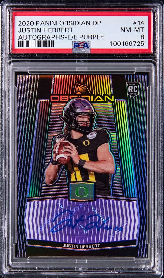 2020 Panini Obsidian Justin Herbert Autographs Draft Picks Autograph Electric Etch Purple #14 card image
