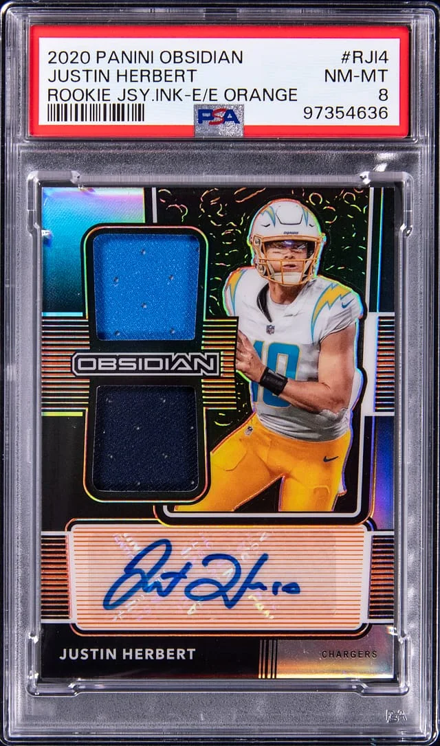 2020 Panini Obsidian Justin Herbert Jersey Ink Electric Etch Orange #RJI-4 card image