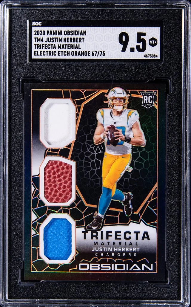 2020 Panini Obsidian Justin Herbert Trifecta Materials Electric Etch Yellow #TM4 card image